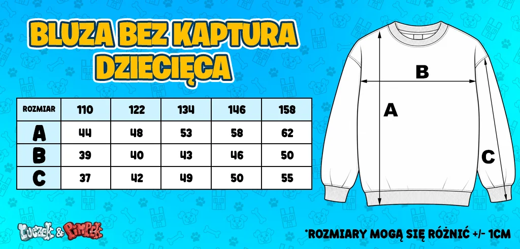 Tabela rozmiarów: bluza bez kaptura