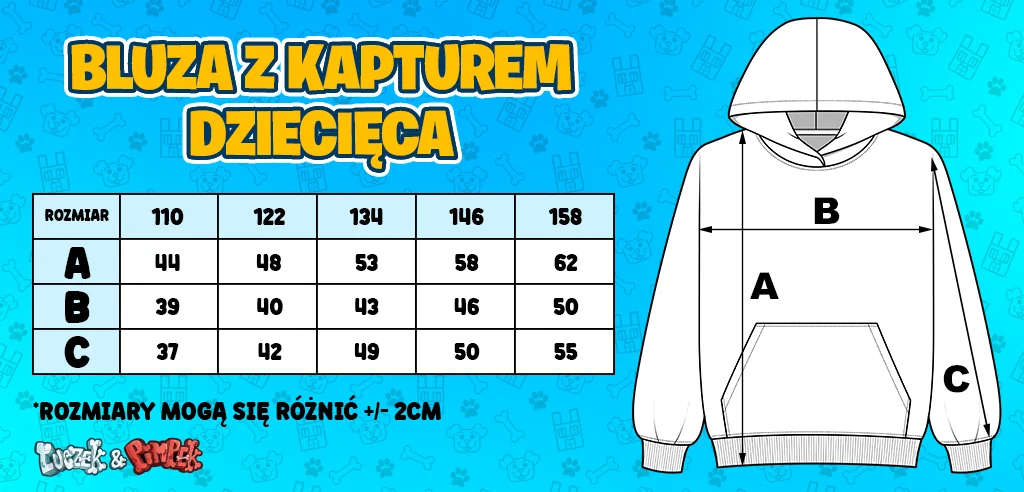 Tabela rozmiarów: bluza z kapturem